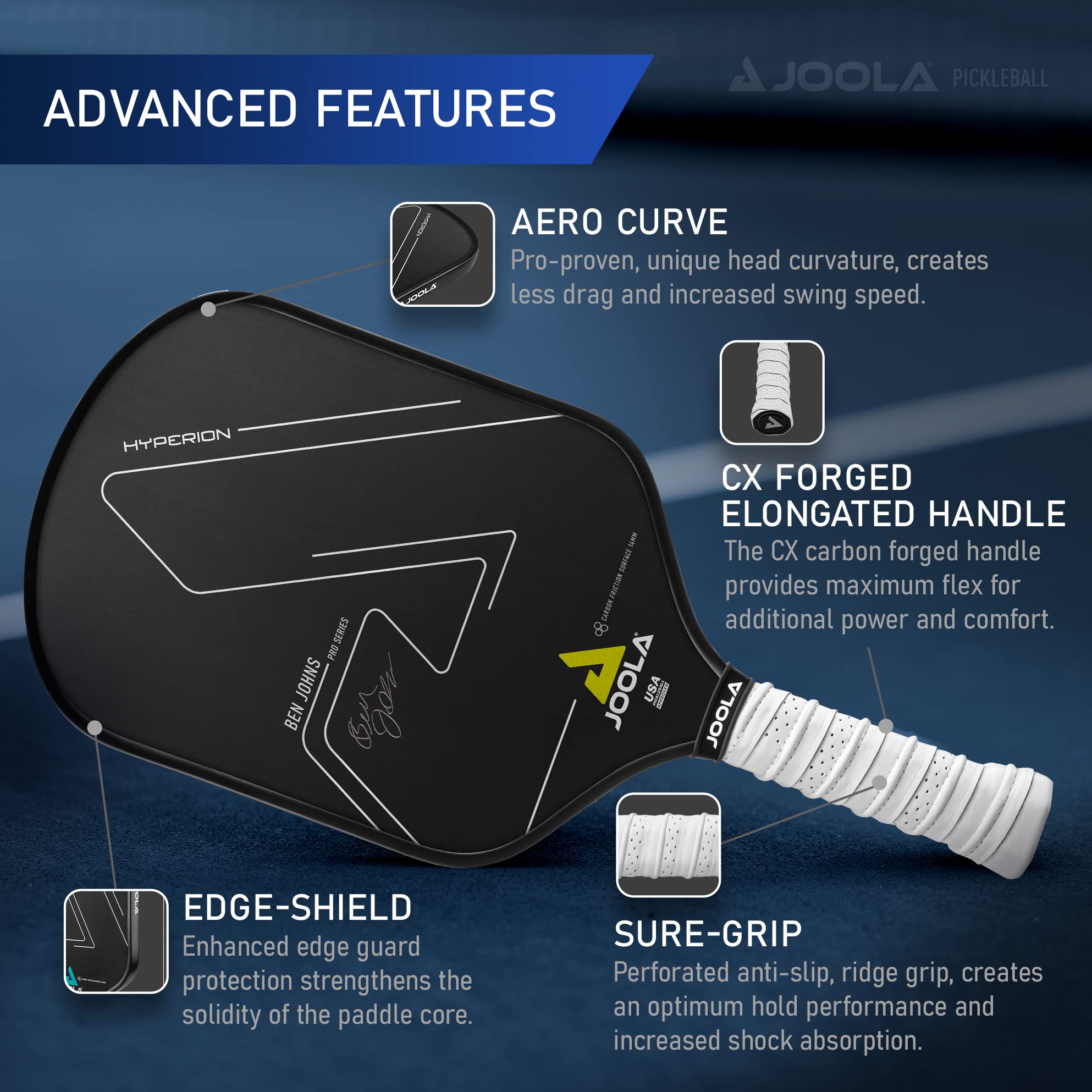 JOOLA Ben Johns Hyperion Pickleball Paddle - Select Raw Carbon Surface or Carbon Abrasion Surface for Increased Power and Spin - Elongated Grip Handle - Carbon Fiber Pickleball Paddle - USAP Approved - Image 3