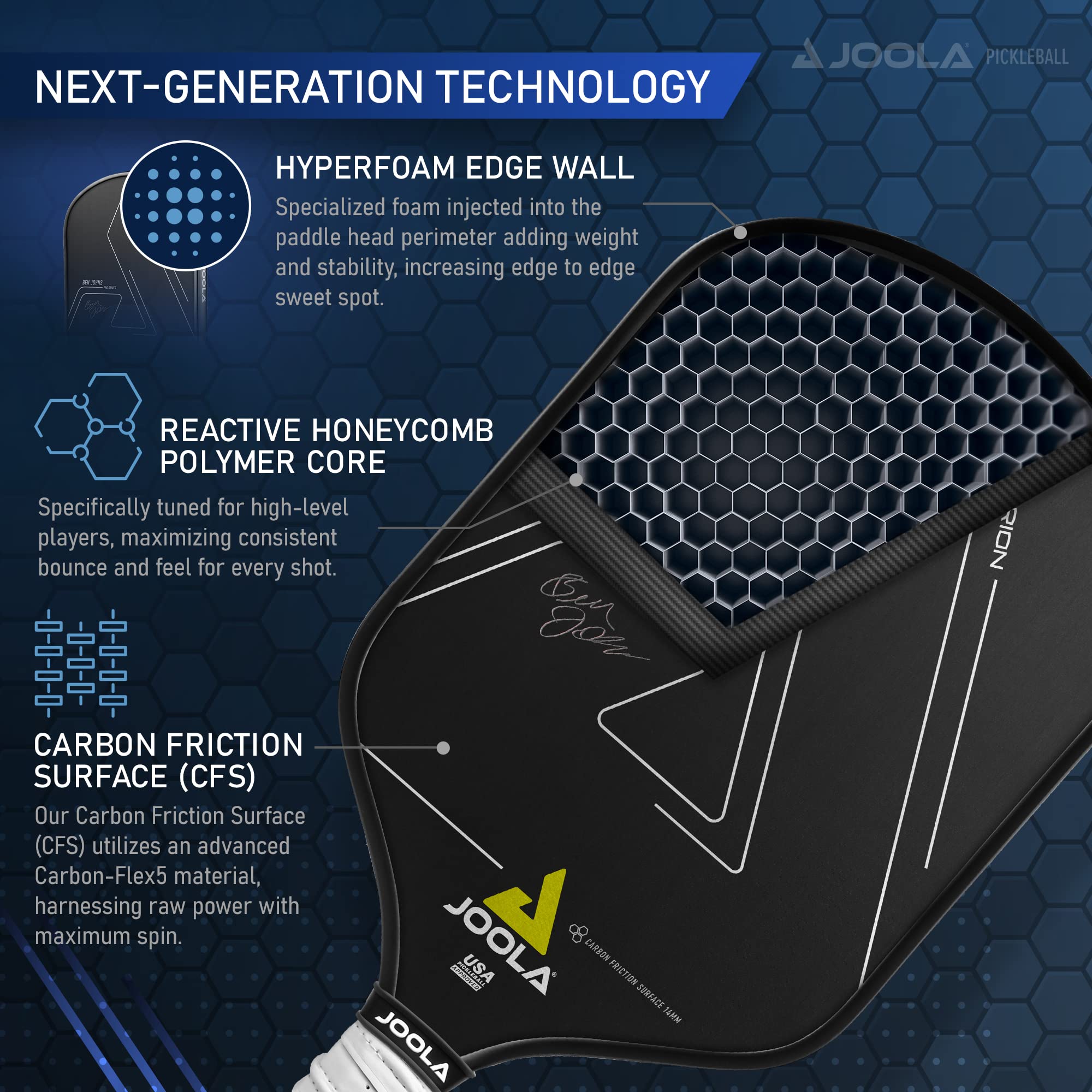JOOLA Ben Johns Hyperion Pickleball Paddle - Select Raw Carbon Surface or Carbon Abrasion Surface for Increased Power and Spin - Elongated Grip Handle - Carbon Fiber Pickleball Paddle - USAP Approved - Image 4
