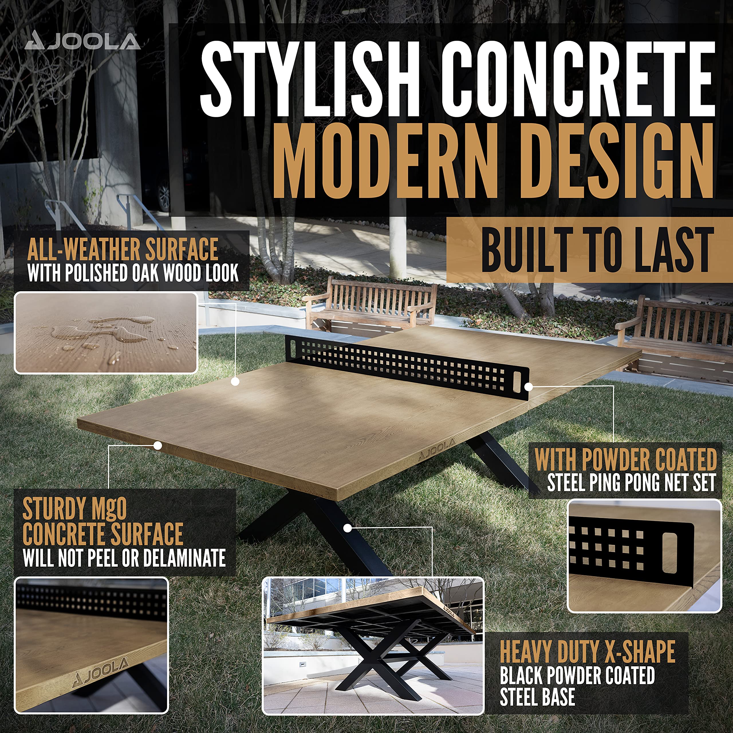JOOLA Outdoor Table Tennis Table - Multi Use Conference Table Dining Table - Concrete Wood Look Includes Steel Outdoor Ping Pong Net Set & Frame - Hybrid Indoor Outdoor Ping Pong Table - Image 3